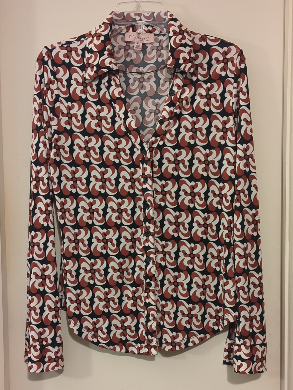 Philosophy Geometric Floral Button-Down Blouse in Black, Rust & White